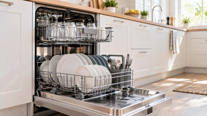 Open stainless steel dishwasher with racks pulled out and loaded with plates and glasses