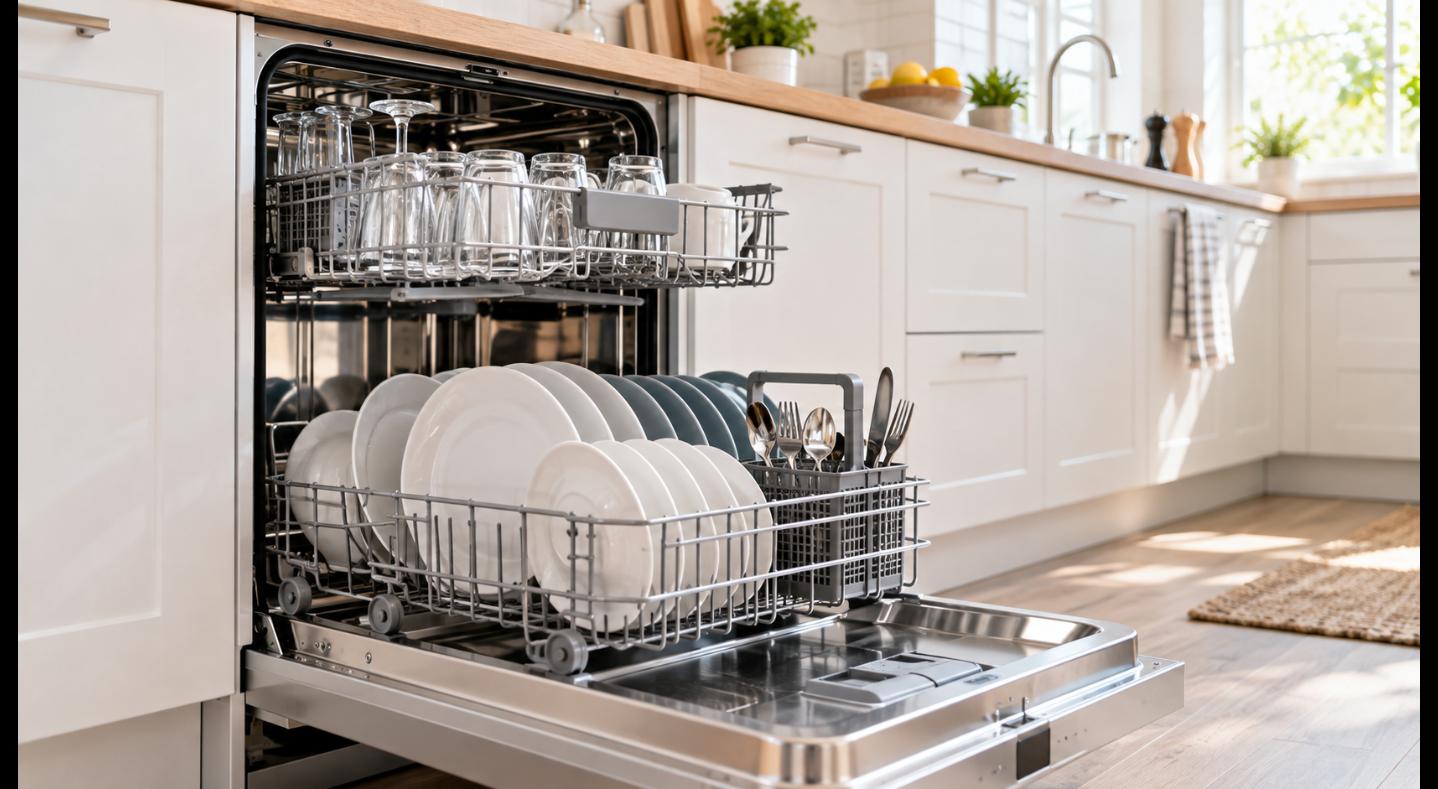 Open stainless steel dishwasher with racks pulled out and loaded with plates and glasses