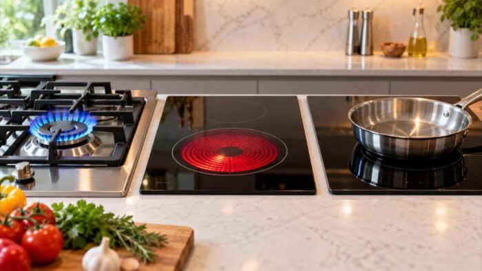 Gas burner with blue flame, glowing radiant electric hob and black induction hob with a pan