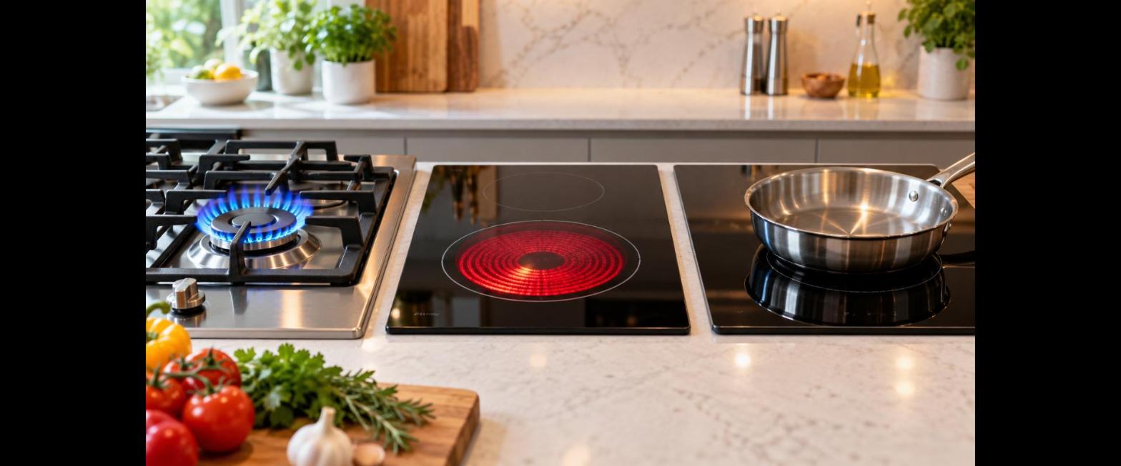 Gas burner with blue flame, glowing radiant electric hob and black induction hob with a pan