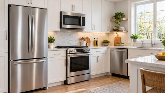 Matching stainless steel refrigerator, range, microwave and dishwasher in a white kitchen
