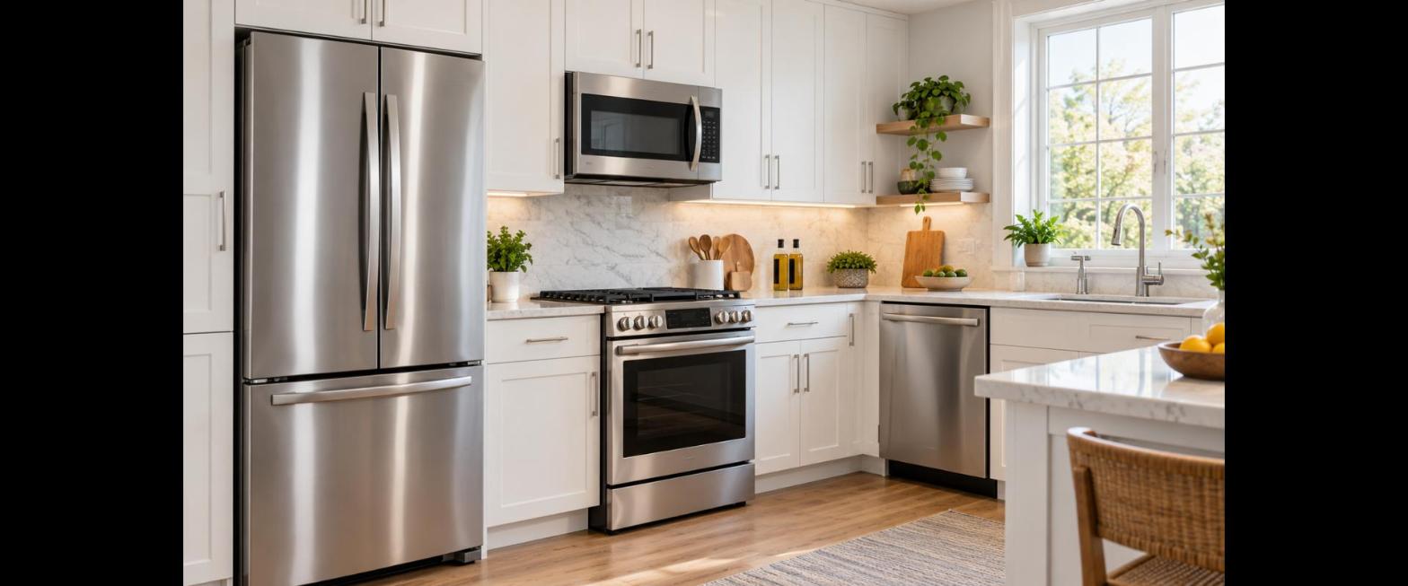 Matching stainless steel refrigerator, range, microwave and dishwasher in a white kitchen