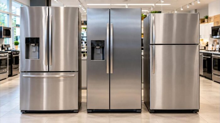French door, side-by-side and top freezer refrigerators standing side by side in a showroom