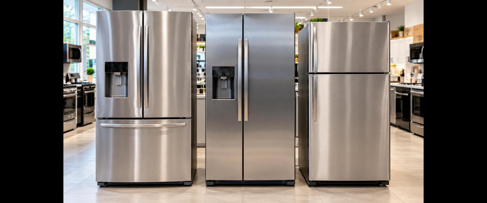 French door, side-by-side and top freezer refrigerators standing side by side in a showroom